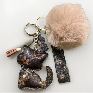Brown Cat bag Charm  Keychain with Pom Pom